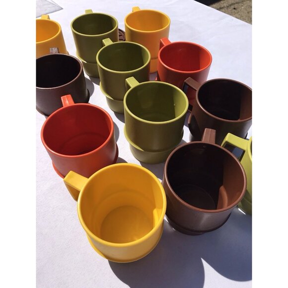 VTG Tupperware 1312 Stacking Coffee Cups Harvest MCM Orange Green Gold Brown Set - Picture 7 of 16